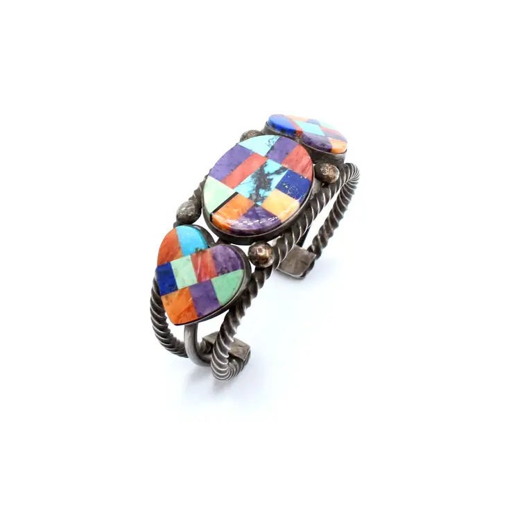 Southwestern sterling silver multi-color heart inlay cuff bracelet 71.70g