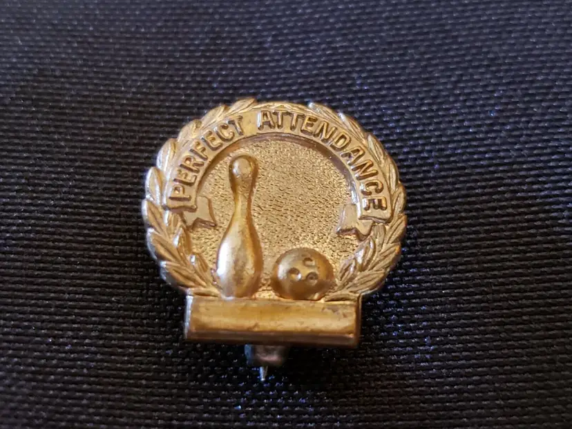 Vintage BOWLING PIN & BALL  Perfect Attendance - metal pin - Collectible READ