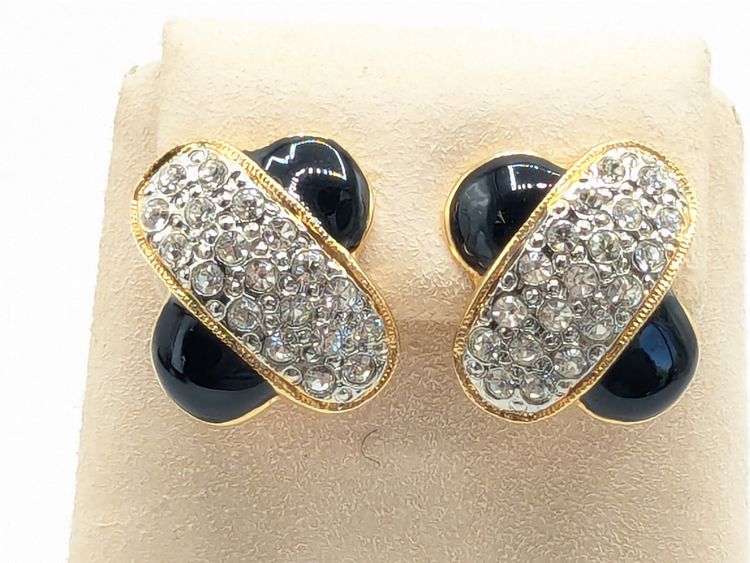Vintage Gold Tone Rhinestone X Cross Black Enamel Clip On Earrings