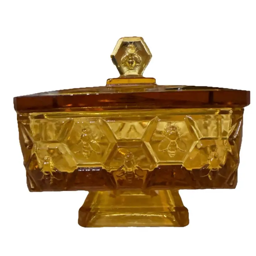 Fenton Rare Glass Amber Honeycomb and Bee Square Bee Box Candy Dish with Lid