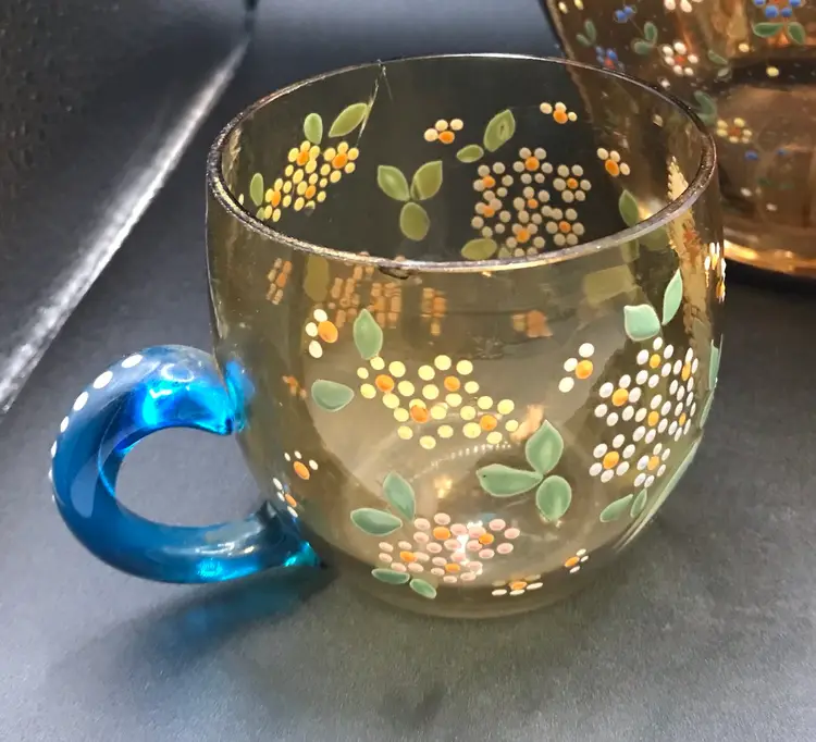 8 Amber Bohemian Harrach Enameled Glass Pitcher Applied Handle Gold Trim READ