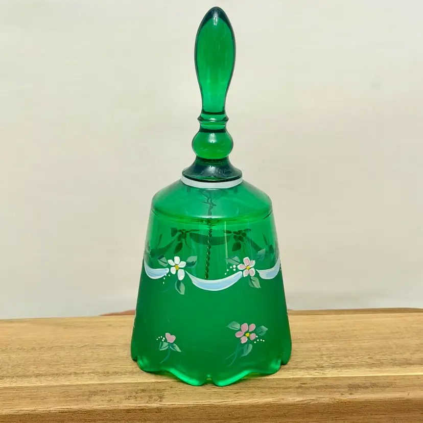 Fenton Hand Painted Floral Freen Glass Bell