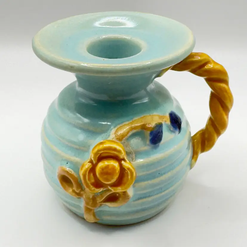 Vintage 1950’s Blue Ceramic Candle Holder with Twisted Handle and Floral Design, Unbranded, Made in Japan