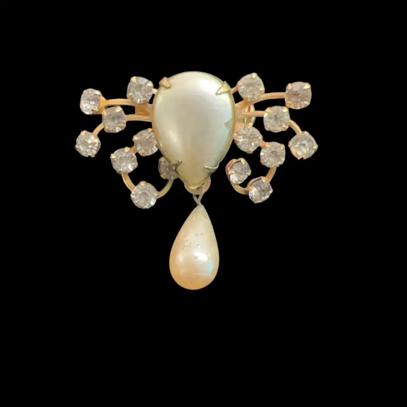 Vintage Art Deco Satin Faux Pearl Upside Down Teardrop. Faux, White, Pearl Dangle, Teardrop Pale Blue Rhinestone Gold Tone Pin Brooch