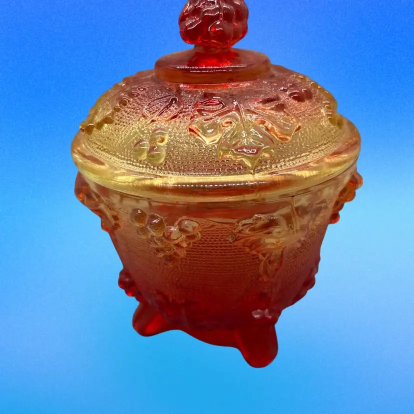 29 Jeanette Amberina Footed Covered Candy Dish
