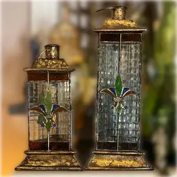 Set Of Two 12” & 15” Gold metal and Stained Glass Fleur De Lis Lanterns For Tea Lights