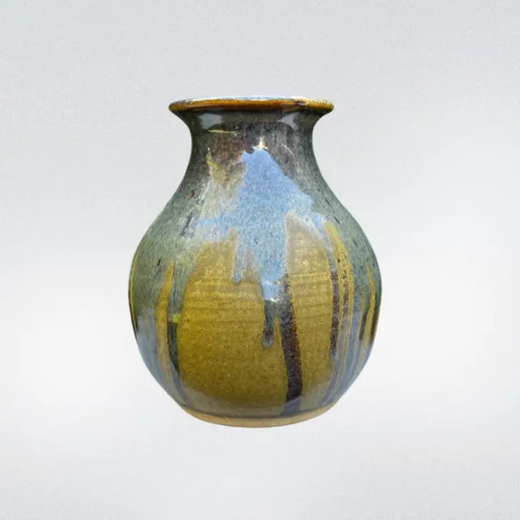 Vintage Gerald Patrick Green And Blue Pottery Vase 6.25in Tall