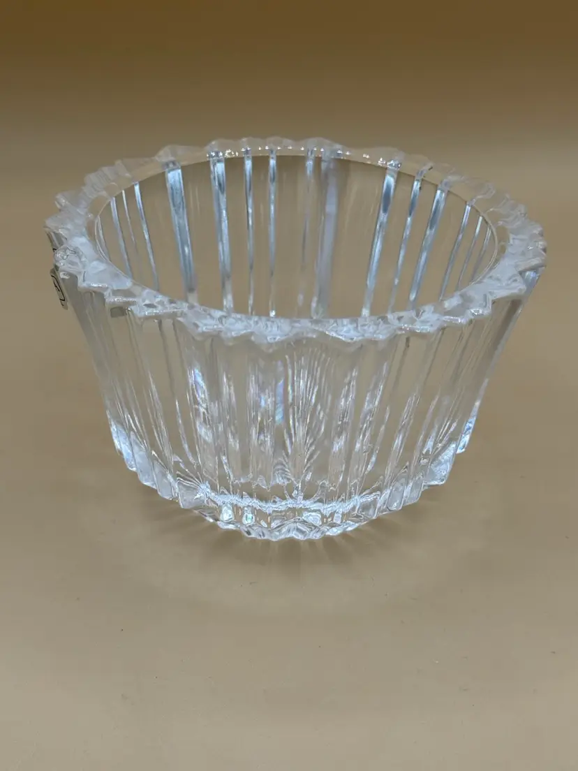 Kosta Boda Sweden Ribbed Crystal Candy  Dish W/ Original Sticker Signed MCM VTG