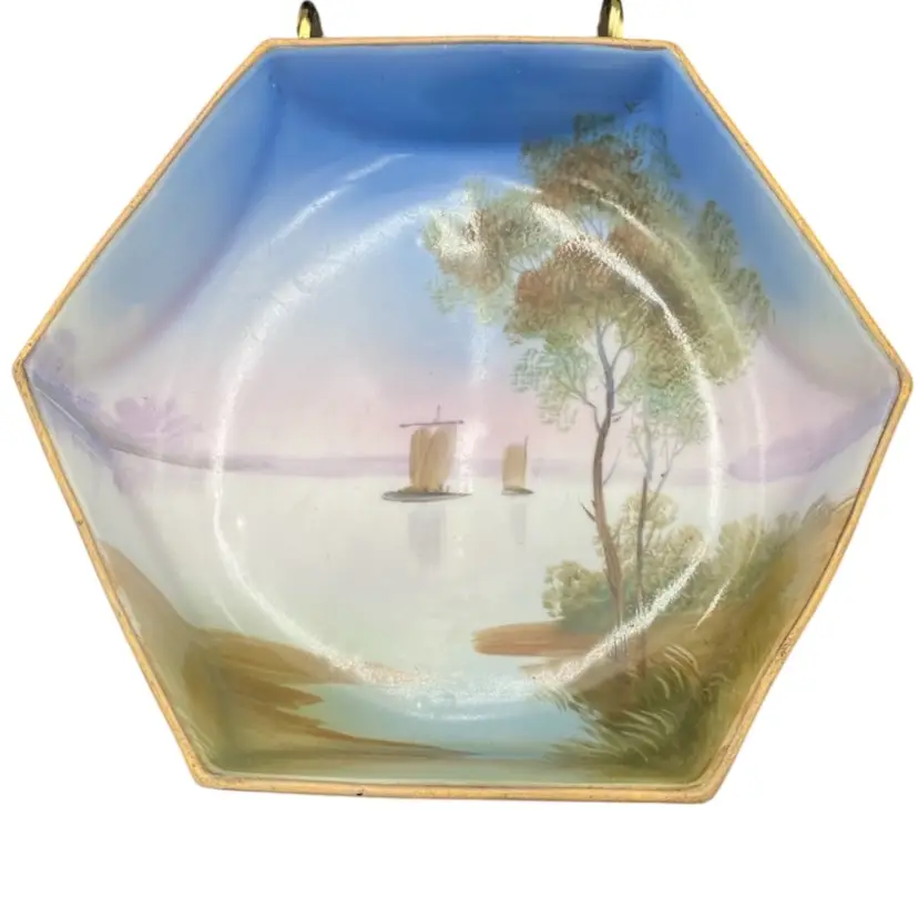 Antique Noritake Morimura Hexagonal Hand-Painted Bowl, Sailboats, 3-Footed, Gold