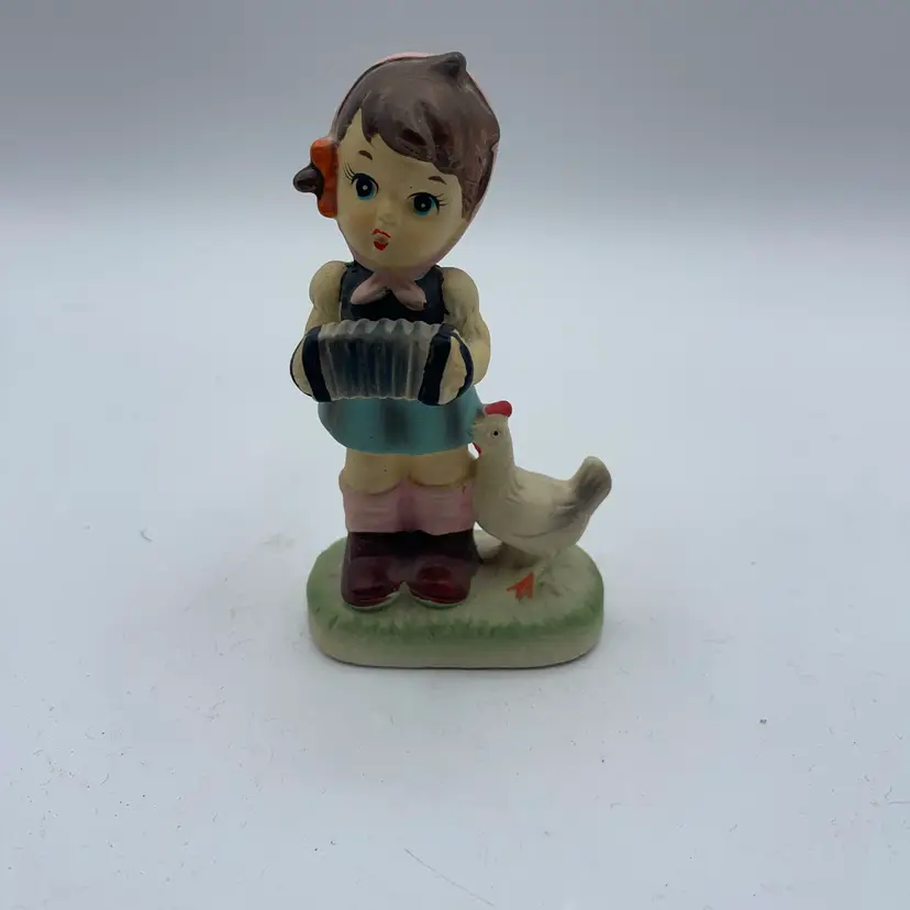 girl Figurine With Accordion And Chicken 4.5 Inches Made In Japan