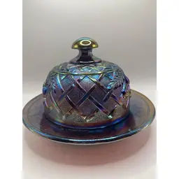 #03 - Vintage Mosser Cherry & Lattice Carnival Glass Covered Butter Dish with Lid ~ Iridescence Has Amethyst Base ~ Measures 7 inches in Diameter, 6 inches Tall
