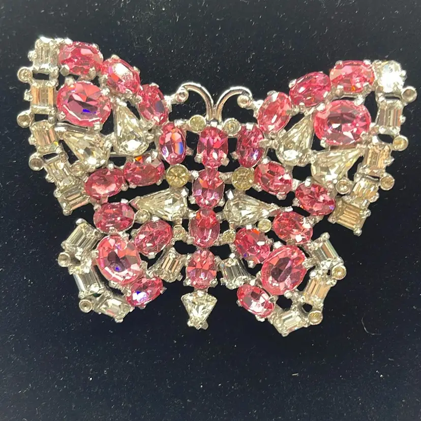 Vintage Butterfly Brooch With Pink And Clear Rhinestones 3 Inches