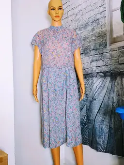 FLORAL FEMININE VINTAGE PERIWINKLE BLUE COTTAGE CORE SHEER DRESS SIZE 11