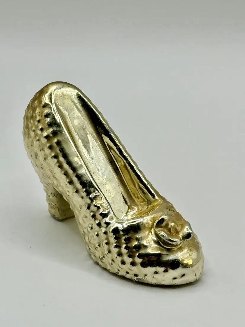 Vintage Miniature Ceramic Shoe Figurine, Gold-Tone High Heel With Embossed Details, Collectible Vanity Decor, Unbranded