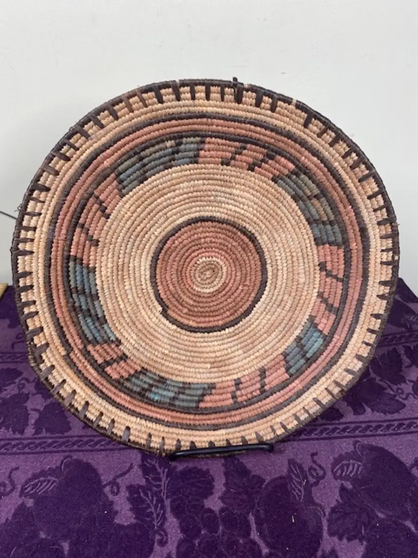 Vintage African Hausa Tribe Geometric Coil Weave Basket 12.5" Wide