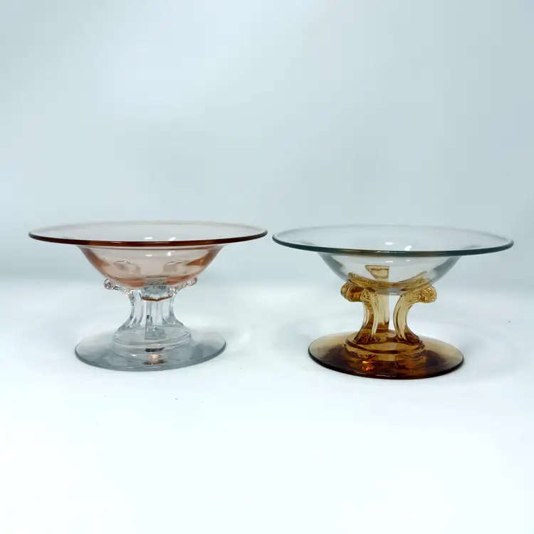 Pink or Amber Fostoria Glass Tripod Compotes 1930s Sakier Art Deco  (0018-26)