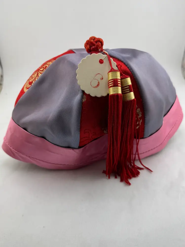 Vintage Chinese Skull Cap Pink Red Tassel Beanie Hat