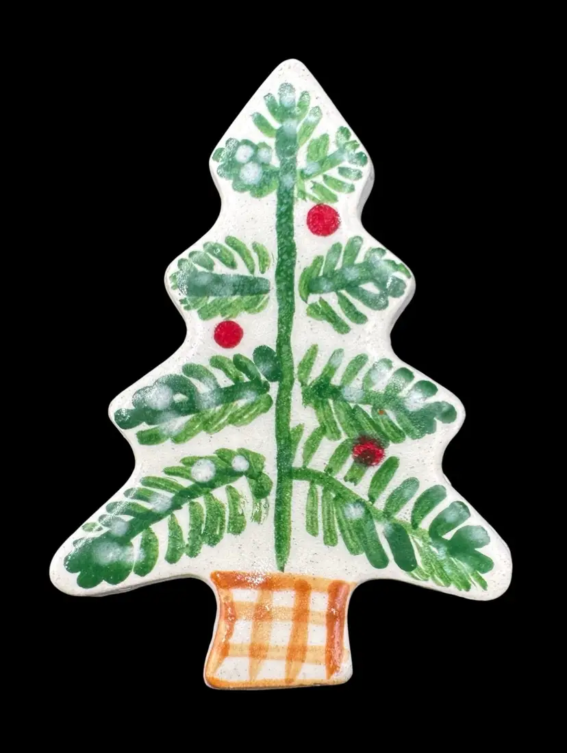 Handmade Hand Painted Ceramic Christmas Tree Shaped Brooch Pin Green Red 2.25”