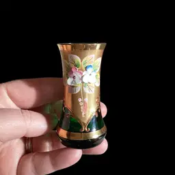 Gorgeous Green Bud Vase With Applied Flowers And Gold Guild 2.75” T X 1.5” W