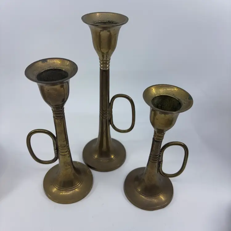 Three Brass Horn Candle Holders 5.5-7.5”
