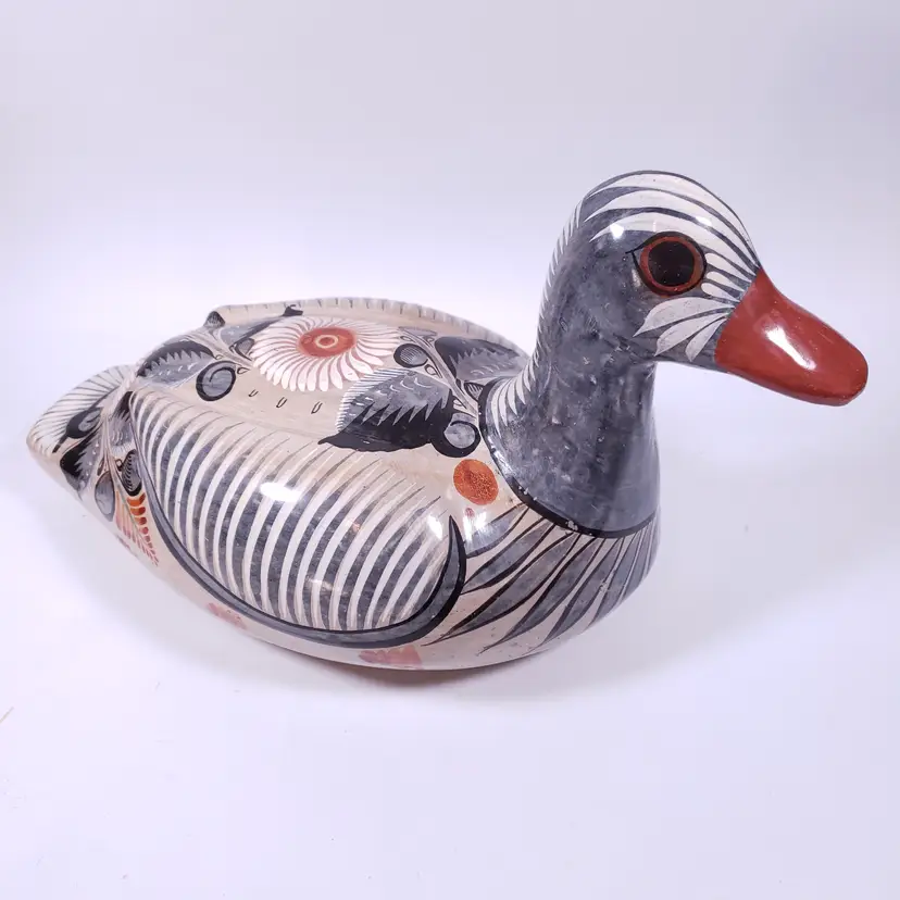Vintage Large TONALA Mexican Folk Art Hand Painted Floral Pottery DUCK SCULPTURE