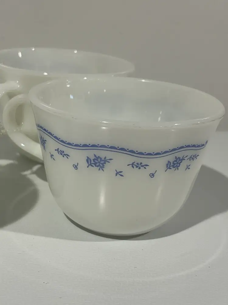 Vintage Pyrex Morning Blue Floral Coffee / Tea Cups, 9oz. Set of 4