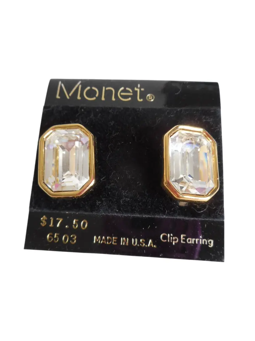 Vtg NEW Monet clip on earrings faceted Emerald cut gold setting costume Estate
