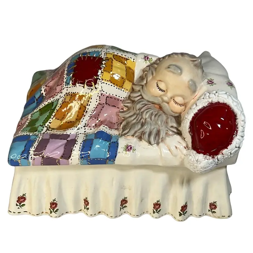 Vintage Ceramic Sleeping Santa In Bed 8” Lidded Dish