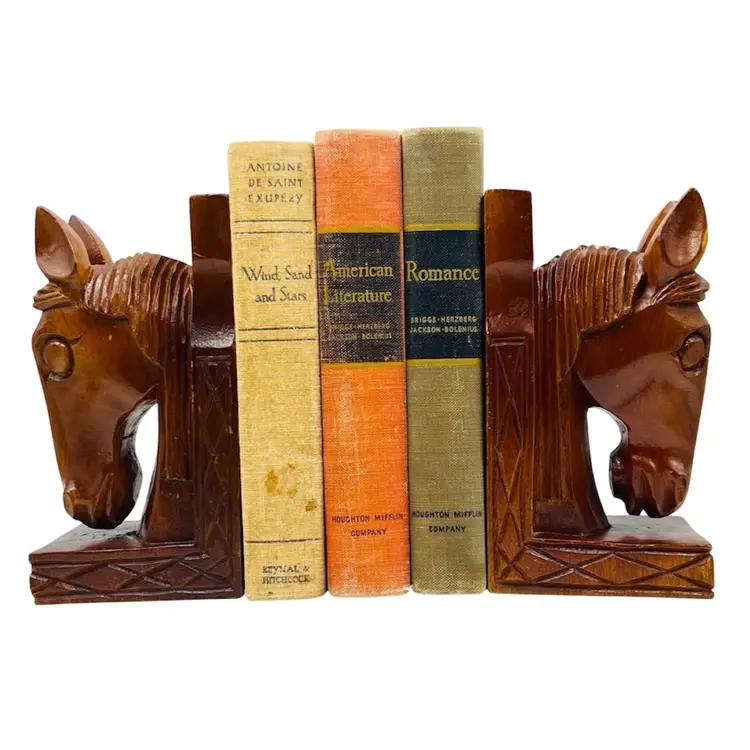 Vintage Horse Book Ends Hand Carved Wood