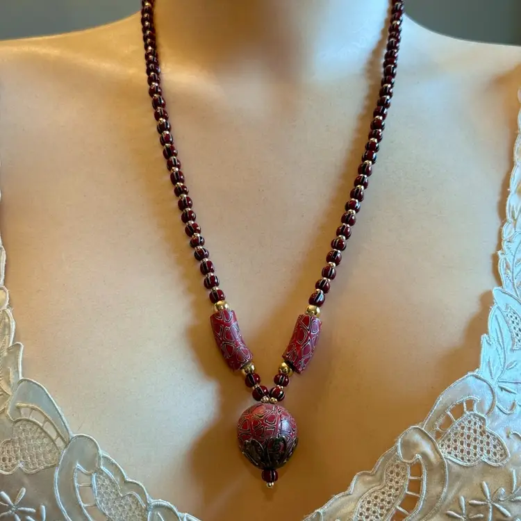 Vintage Unique Red Handmade Polymer & Glass Bead Necklace w/ GoldTone Bead Spacers 22”