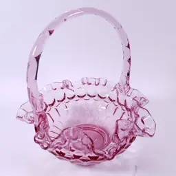 Vintage FENTON Colonial Pink Thumbprint Handled Art Glass BASKET