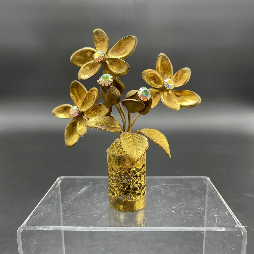 Hollywood Regency Style Gold Gilded Filigree Flowers With Rhinestones Sculpture