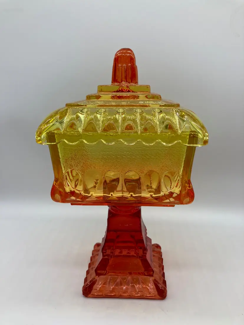 Vintage 1970's Jeanette Glass Square Pedestal Wedding Candy Dish, UV Glow