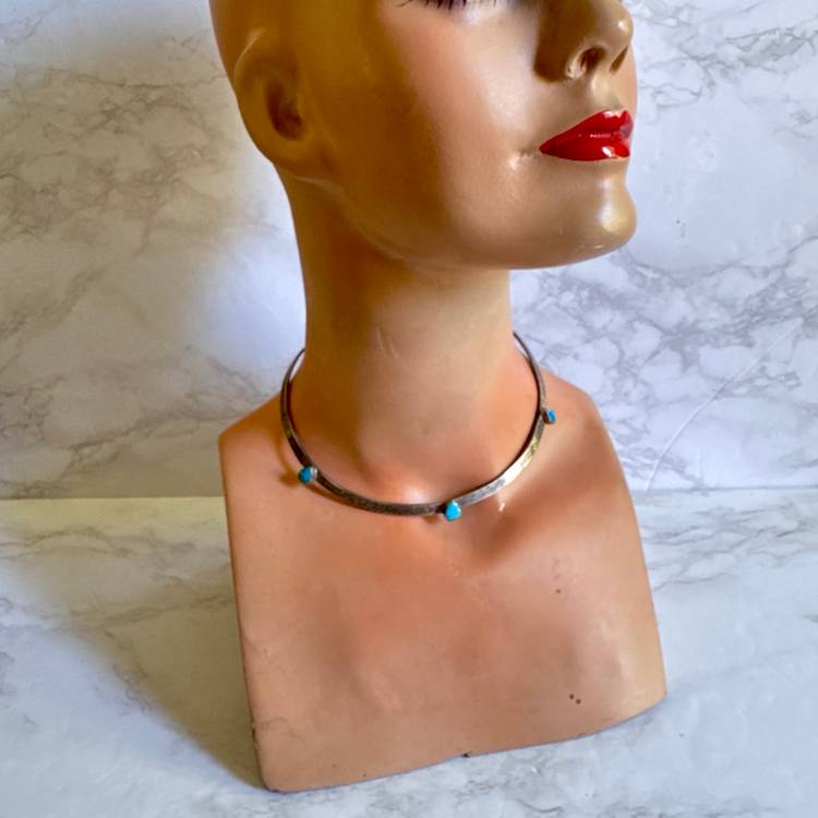 Sterling Silver & Pear Shape Turquoise Collar Torque Choker Necklace Mexico