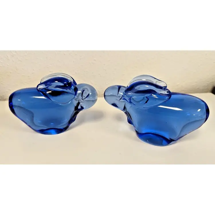 Vintage Hand Blown cobalt Blue Art Glass Bunny Rabbits Figurine Paperweight lot of 2