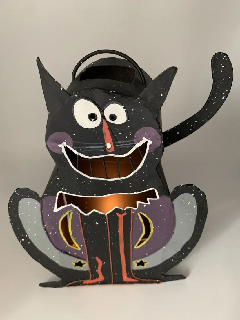 Whimsical Cat Tin Tea Light Halloween 10” Lantern