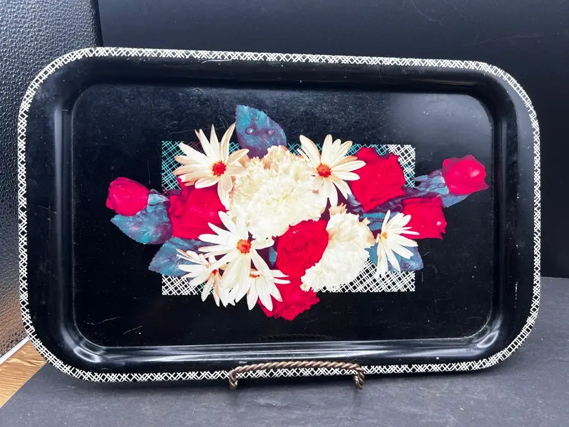 #517B Vintage 1950's Transfer Print Snack Tray.  Black with Red, White & Blue Floral