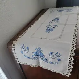 Vtg Hand Embroidered Crocheted Blue Floral Scroll On White Cotton 38" X 15" Table Dresser Runner