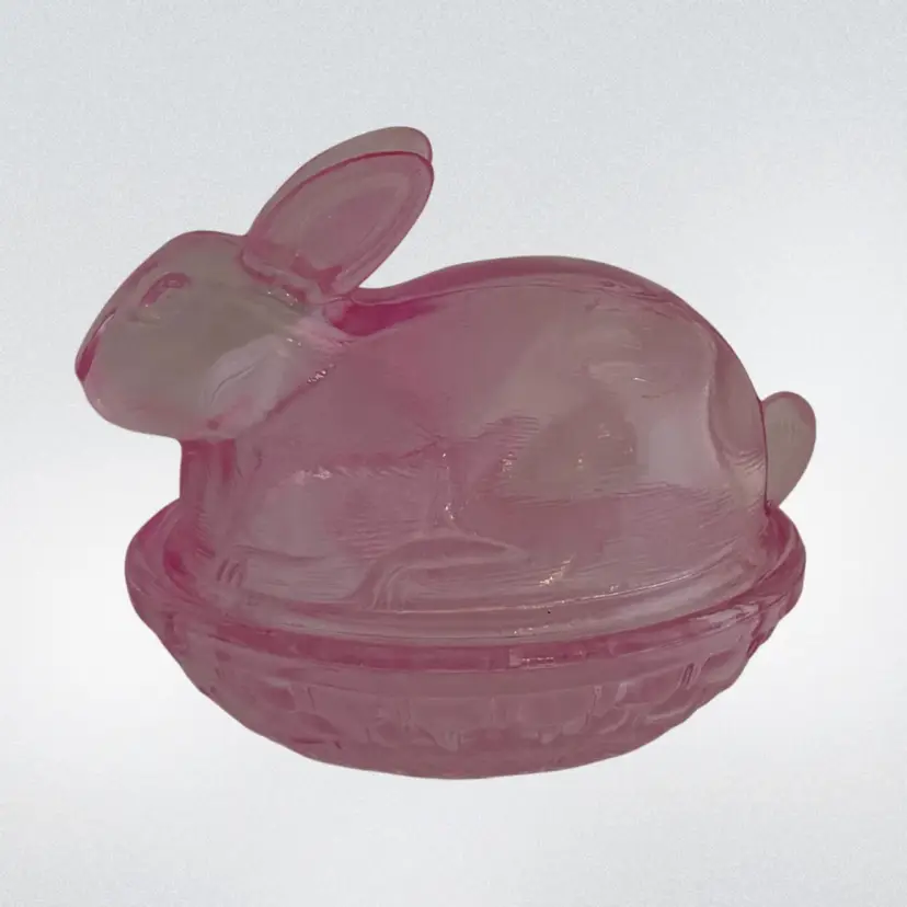 Pink Glass Bunny Rabbit on Nest Covered Oval Candy Dish  Easter
4.25” T x 4.5” L x 3.25” W