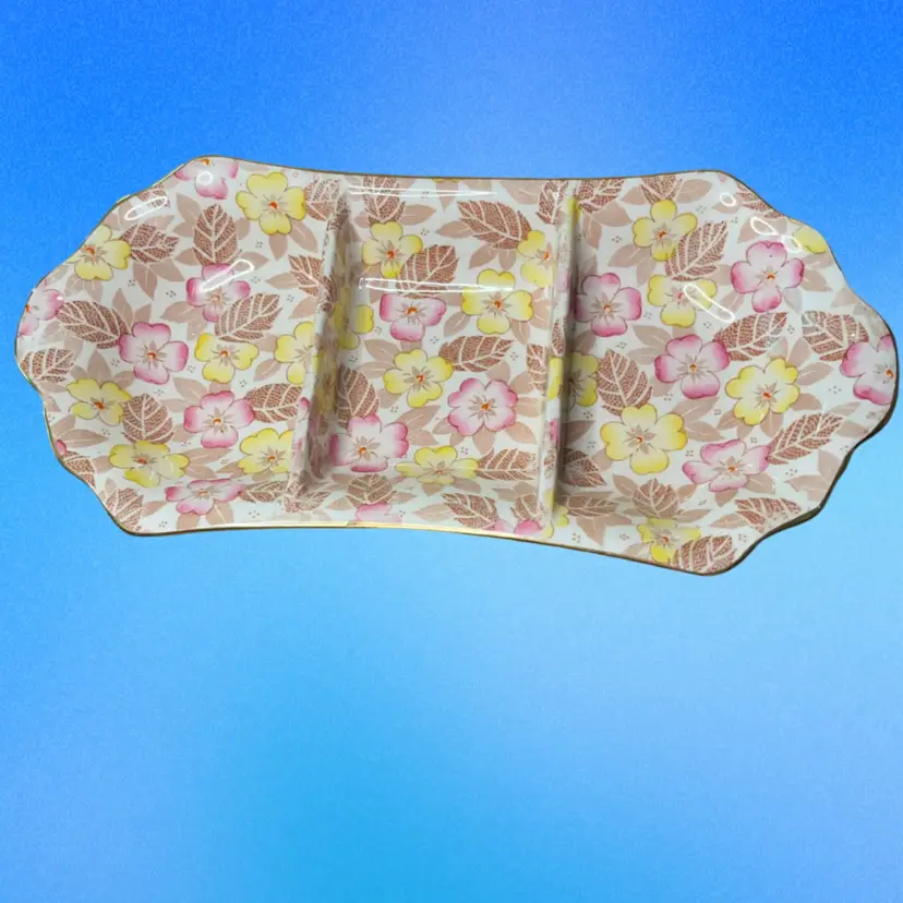 36. Vintage Royal Winton Grimwades Pink Yellow Chintz 3 Part Relish Dish Tray