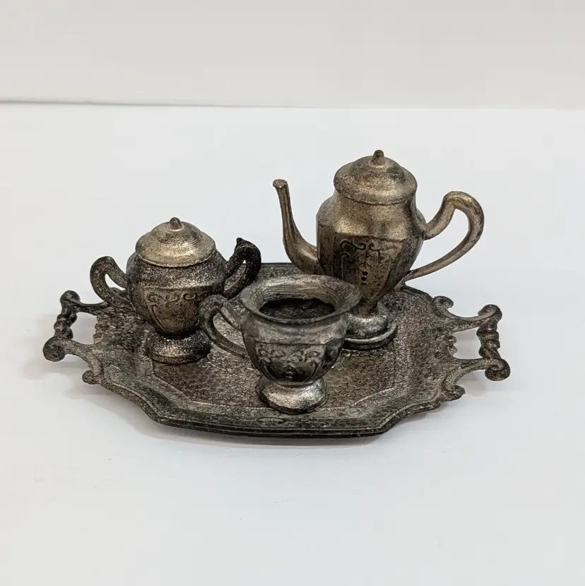 Vintage Metal Occupied Japan Miniature Tea Set Doll House 6 Pieces Patina