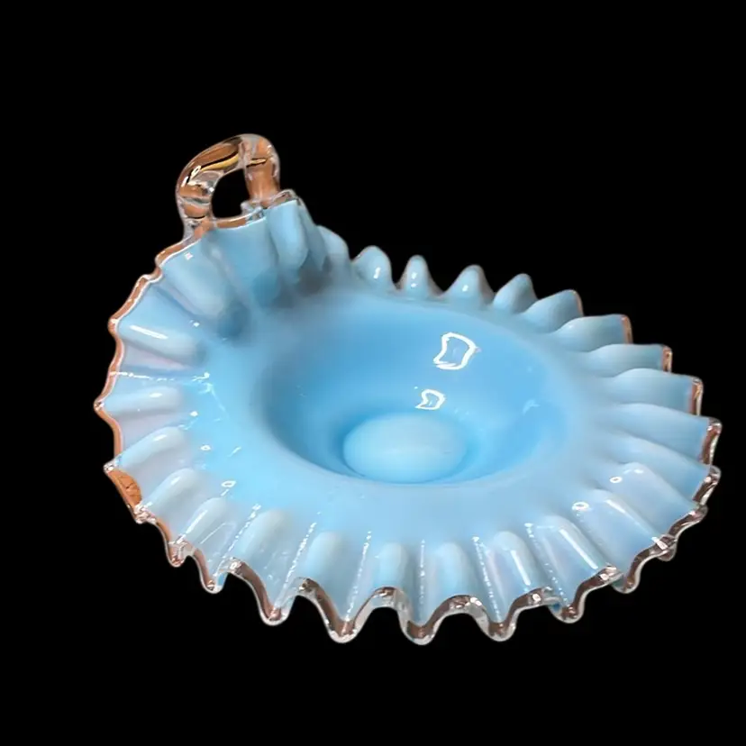 34b. Antique Cased Blue Ruffled Opalescent Finger Bowl 6” Diameter