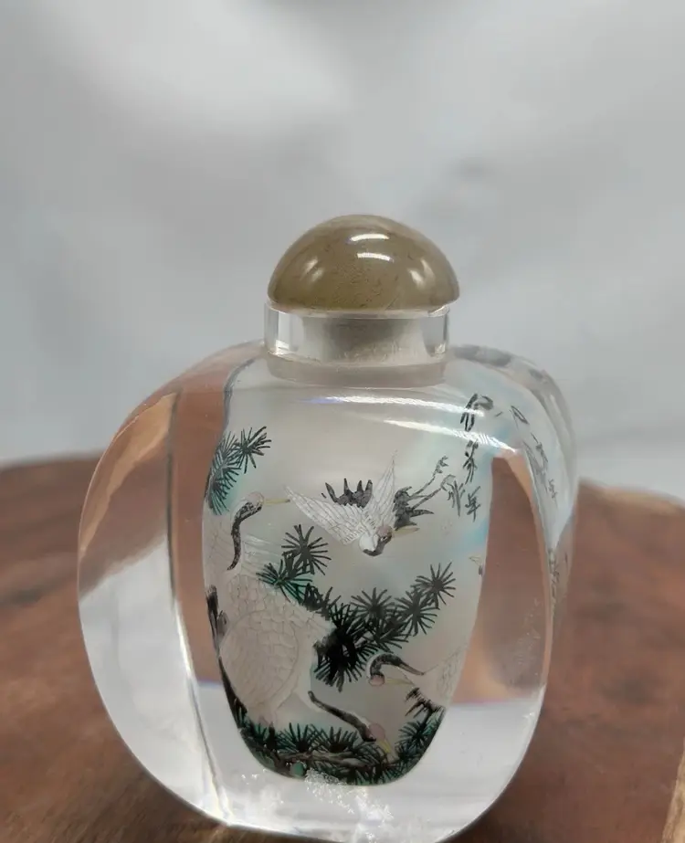 Vintage Snuff Perfume Bottle Kanji Print, Cranes, Bamboo Reverse Hand Painted