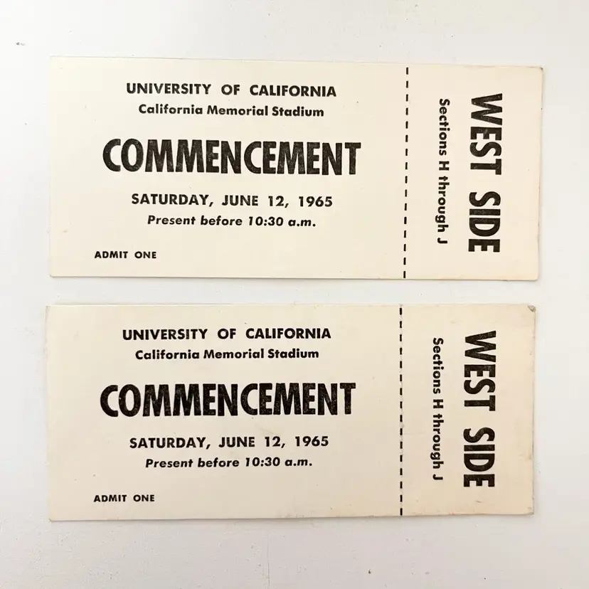 University of California Memorial Stadium 1965 Commencement Tickets Vintage 1960s