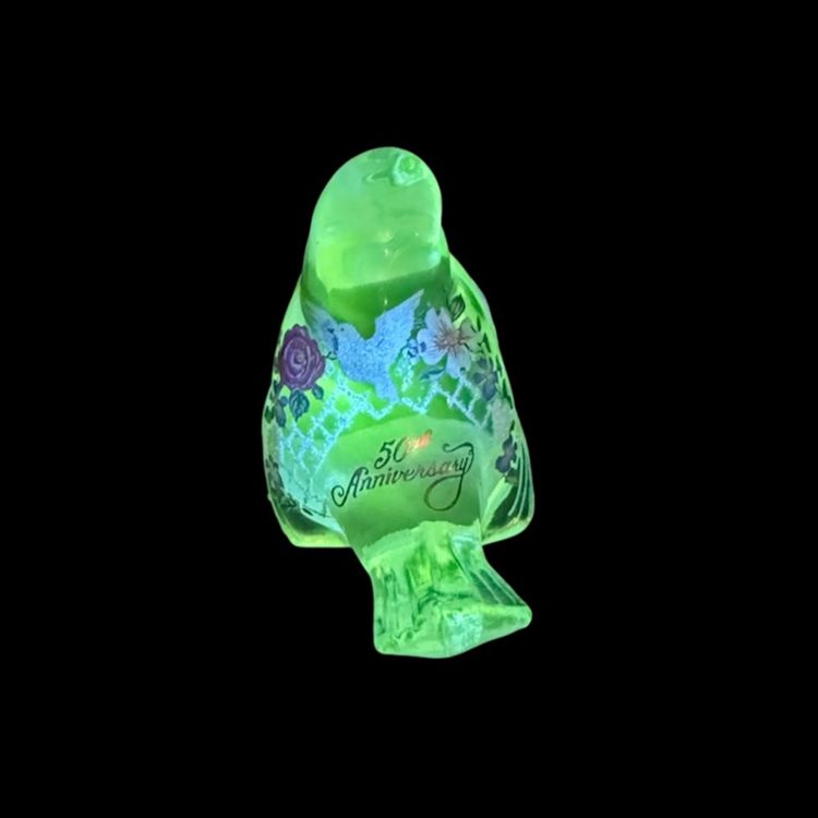 Vintage Fenton 50th Anniversary Bird Figurine White Frit Glass Fence  flowers & Dove on Back Glows
3”T x 4” L x 2”W