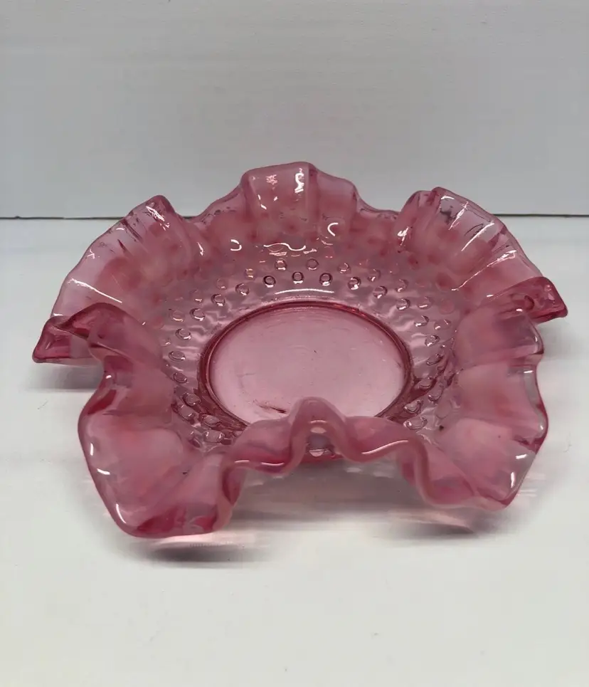 Vintage Fenton Opalescent & Cranberry Hobnail Glass Jewelry Dish