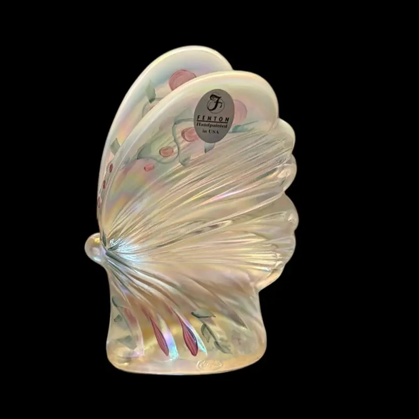 Fenton Signed Opalescent Iridescent “Christmas Berries” Handpainted Butterfly Figurine Paperweight Original Sticker - 5”