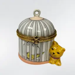 Cat & Bird In Cage Ceramic Trinket Box | 2.75”