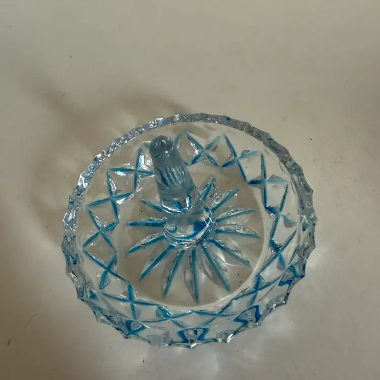 Vintage Blue & Clear Lead Crystal Round Ring Holder Trinket Jewelry Dish 3” Diameter