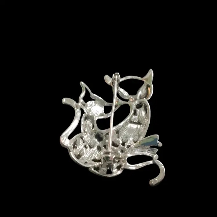 Fun Adorable Vintage Silvertone Cat Brooch. Momma & Kitten Jelly Belly Sparkly Rhinestones. And AB Glass Rhinestones .  Not Signed.